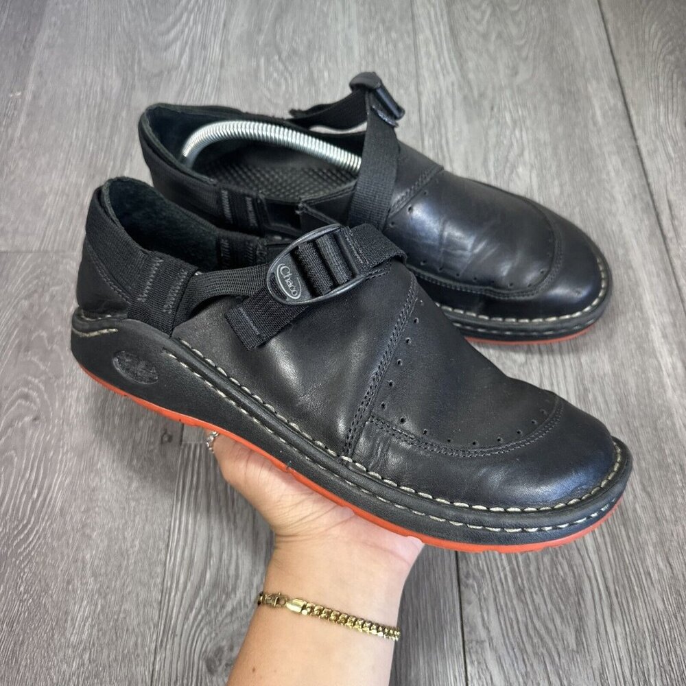 Chaco Womens 10.5 Pedshed Black Leather Slip-On Clog Adjustable Strap Vibram